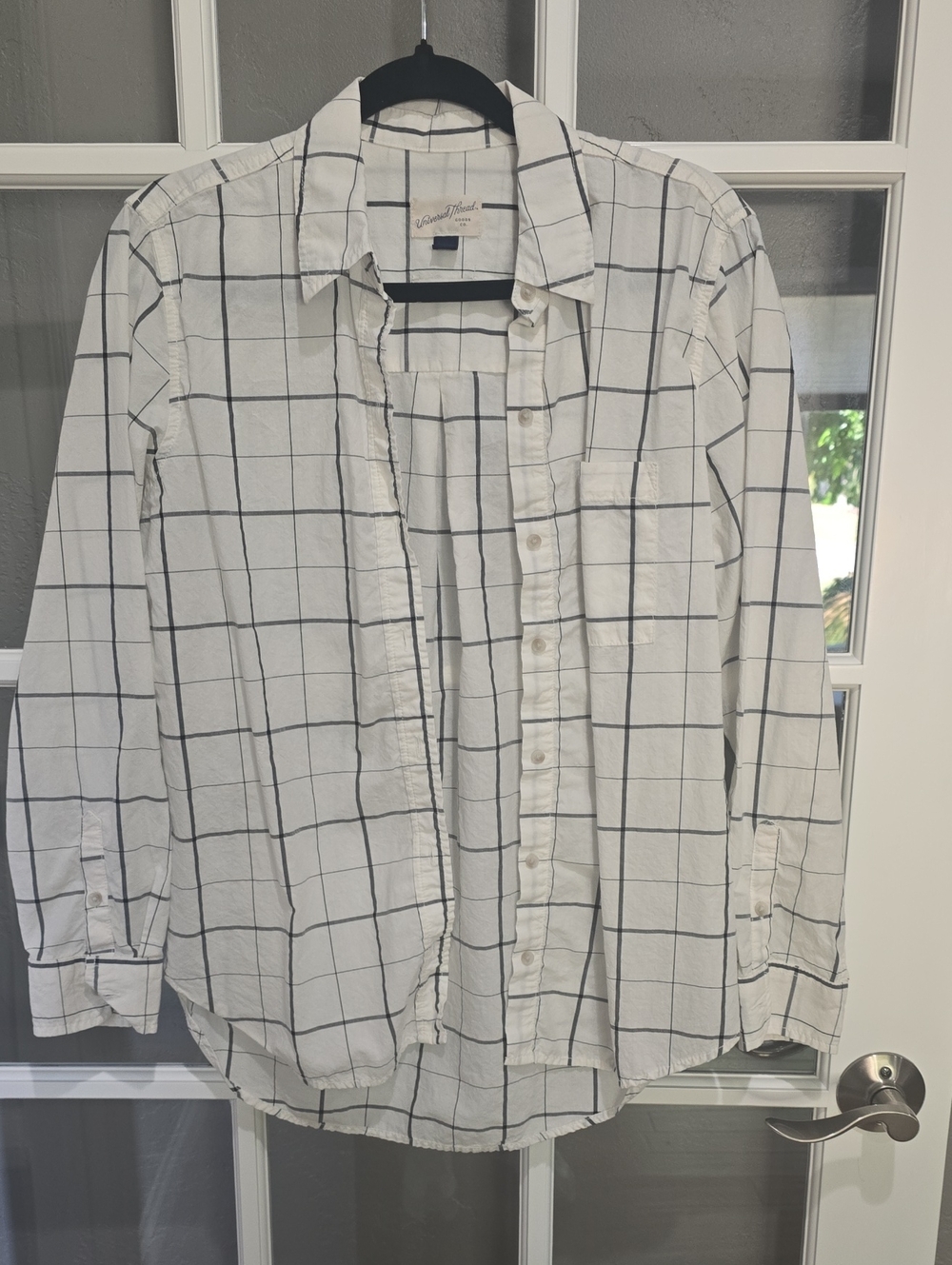 Universal Thread White Button-Down Shirt with Black Windowpane Grid